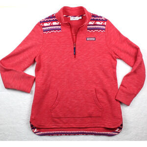 Vineyard Vines Shep Shirt Women Small Red Fair Isle Whale 1/4 Zip Pullover